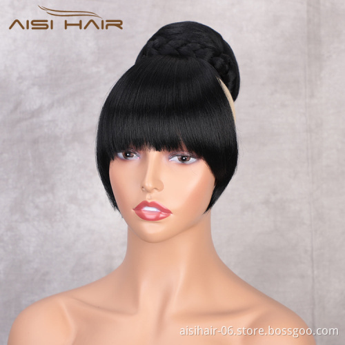 Aisi Hair New Design Natural Straight Black Color Hair Bun With Bangs Silky Straight Synthetic Hair Extension For Black Women